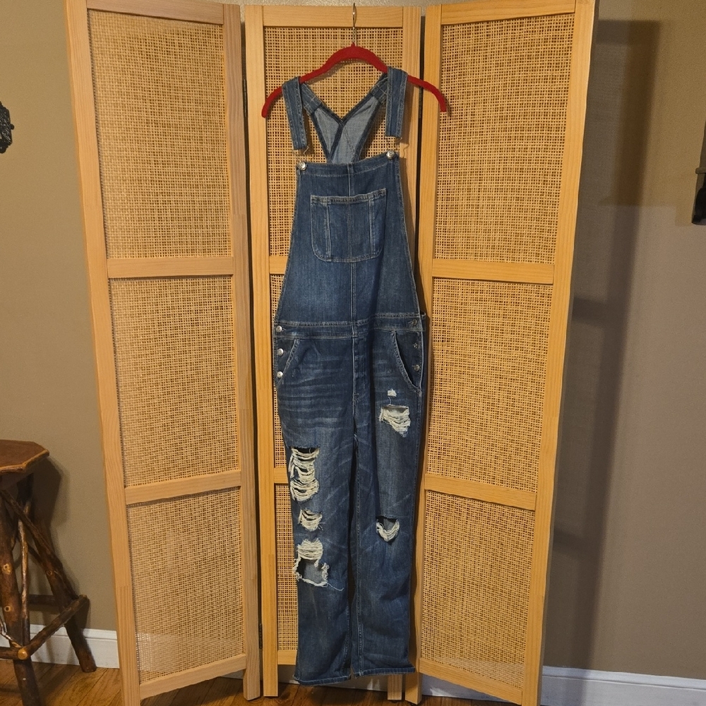 American Eagle Outfitters Blue Denim Overalls Large Distressed Pockets